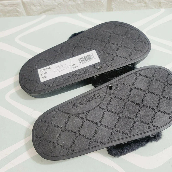 Bebe Furiosa Fluffy Faux Fur Slide Sandal Black 6M - Picture 2 of 3